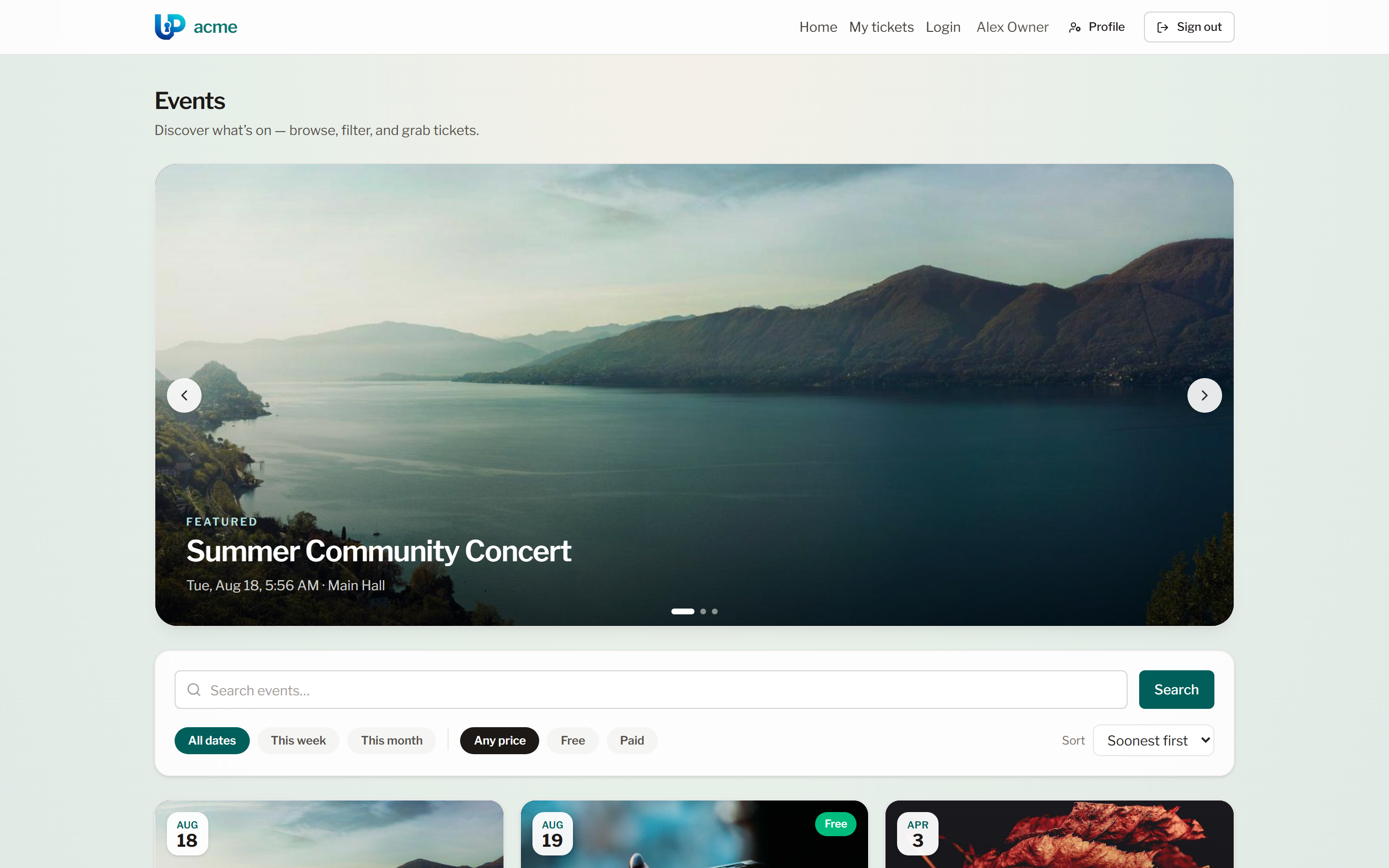 Events & tickets screenshot